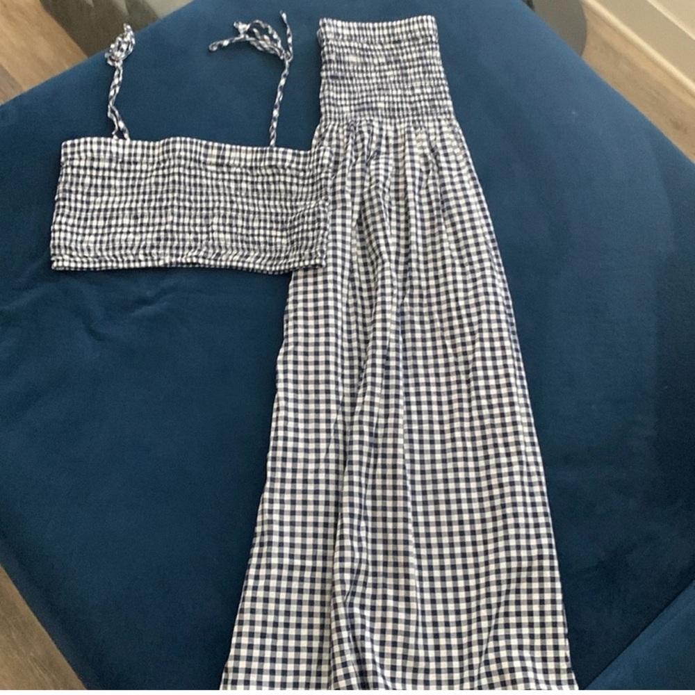 J Crew navy blue and white Cotton voile smocked skirt set in gingham small